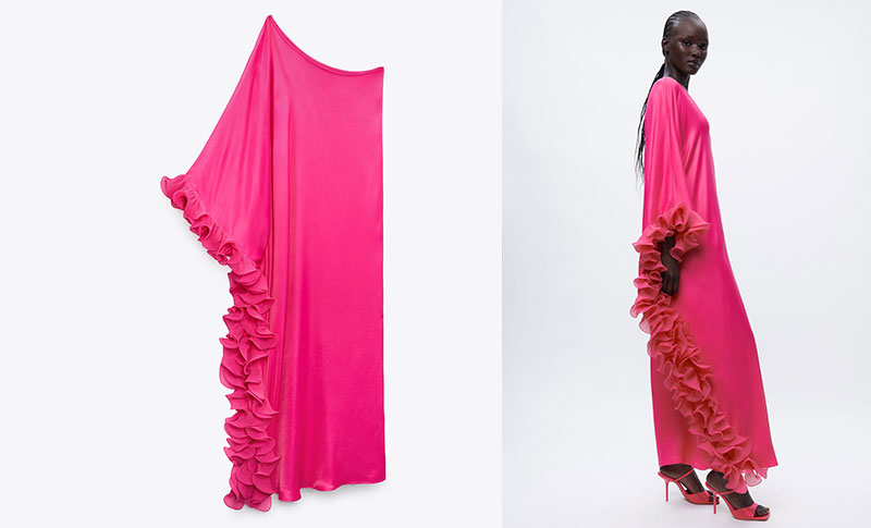 Zara asimetrična ružičasta haljina s volanima 2