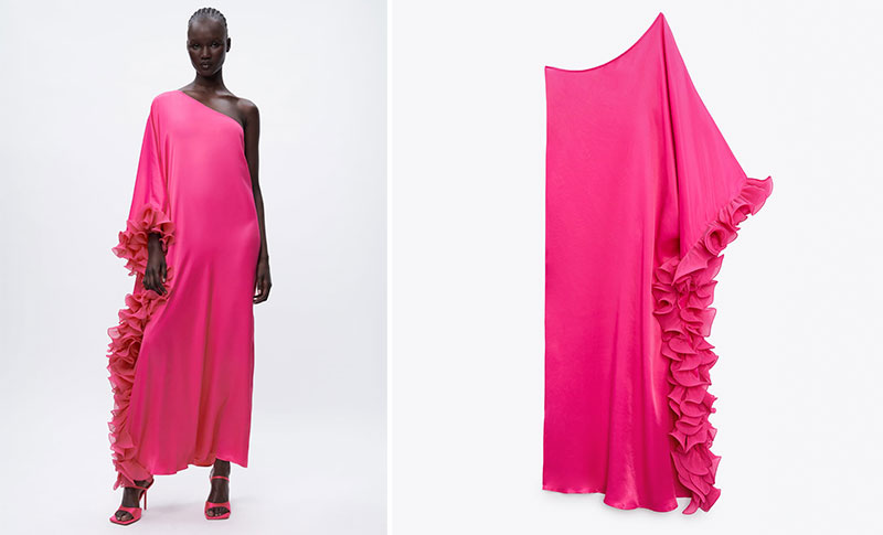 Zara asimetrična ružičasta haljina s volanima